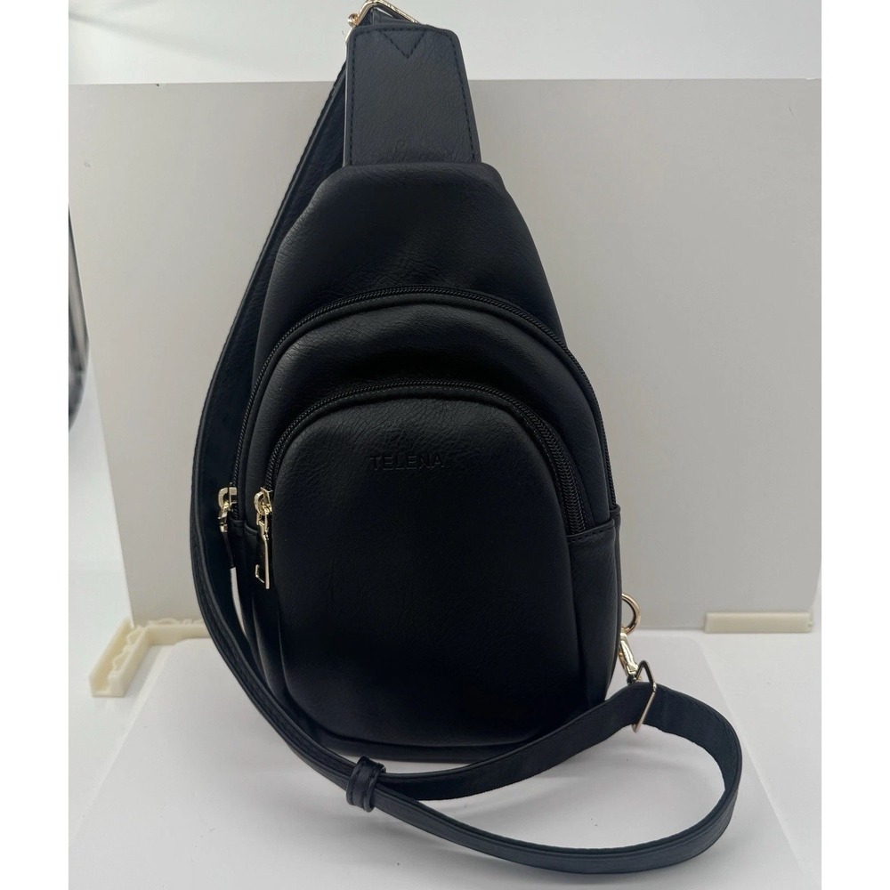 TELENA Black Faux Leather Sling‎ Backpack Crossbody Bag Gold Hardware Purse